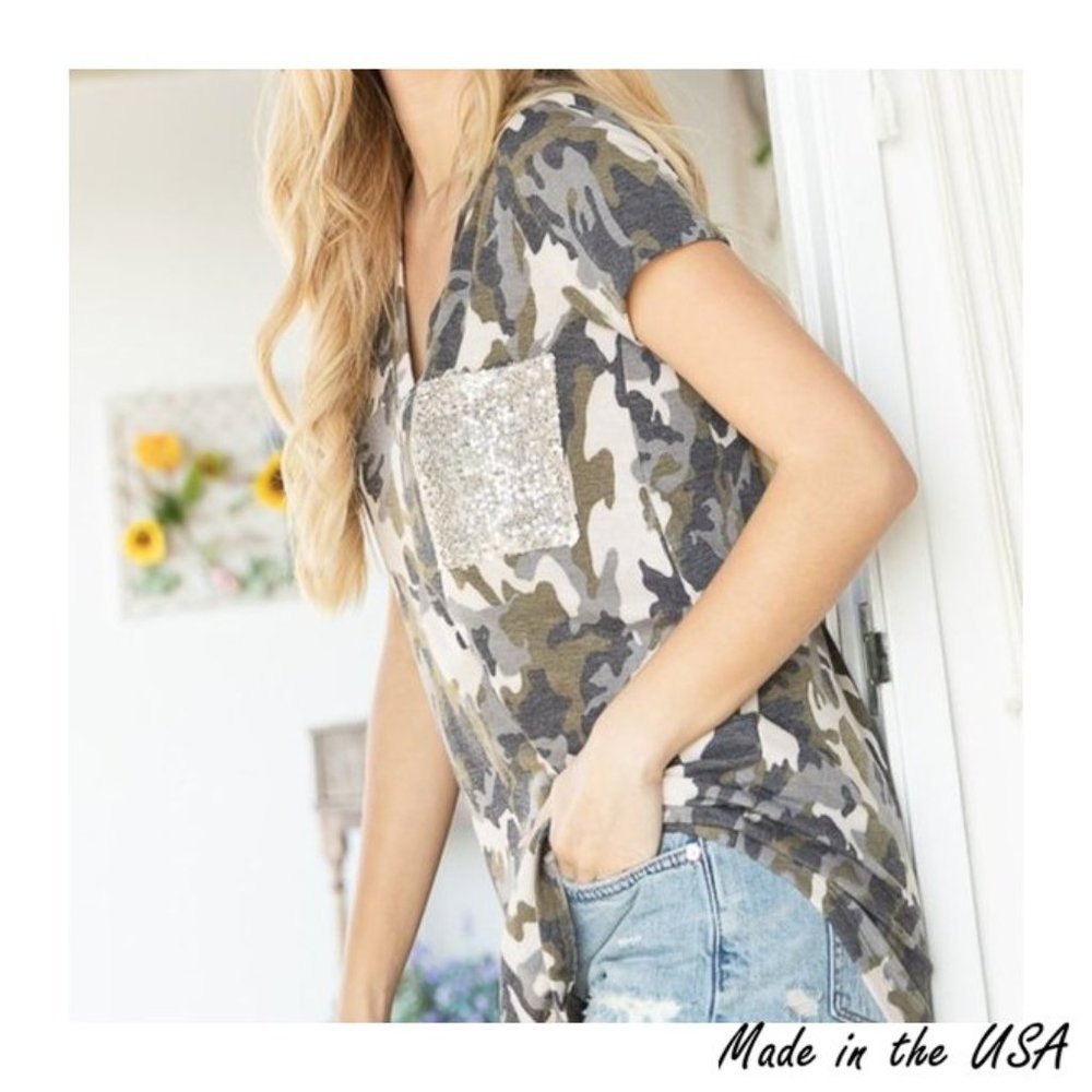 Camo Print French Terry Tee with Sequence Pocket